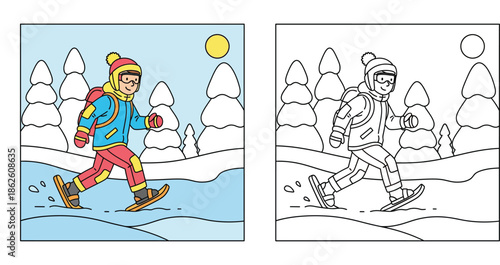 Coloring book page for kids showing a child snowshoeing in a snowy forest with colored example vector illustration