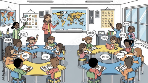 Diverse Students Engaged in Group Work at School Desks with Teacher in Classroom