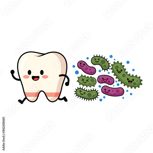 Cartoon Tooth Character with Bacteria Microbes.