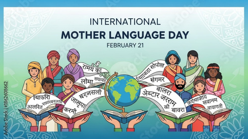 Diverse People Reading Books with Mother Language on International Mother Language Day February 21, Flat Vector Illustration