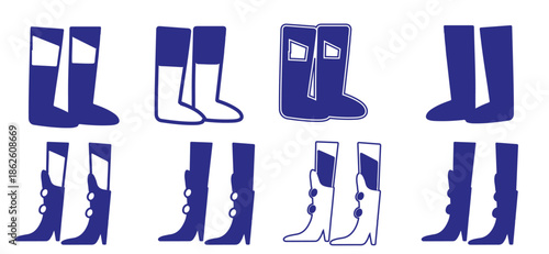 Various small, tiny and big human legs, different pants and shoes in flat style. different colors and shapes. Vector isolated on a white background