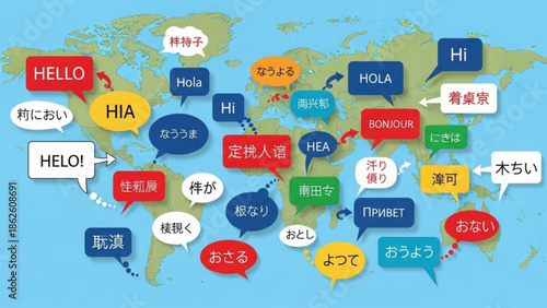 World Map with Hello Speech Bubbles in Different Languages Isolated on Blue Background