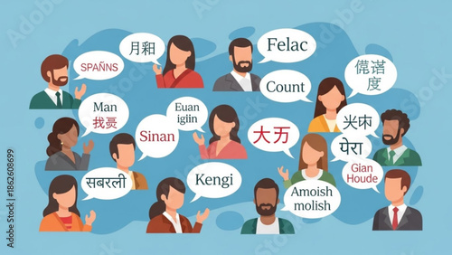 Diverse People with Speech Bubbles in Different Languages on Blue Background
