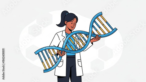 Female Scientist Holding DNA Helix Structure Isolated on White Background