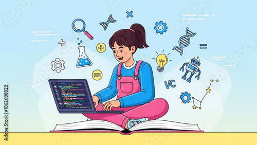 Young Woman Coding on Laptop while Sitting on Open Book surrounded by Science Icons