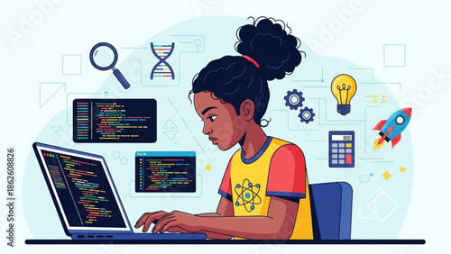 Young Black Woman Coding on Laptop with Creative Icons in Modern Workspace