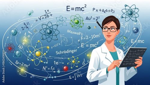 Female Scientist Analyzing Nuclear Physics Equations on Tablet in Laboratory Setting