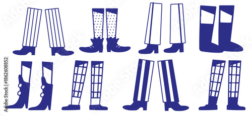 Various small, tiny and big human legs, different pants and shoes in flat style. different colors and shapes. Vector isolated on a white background
