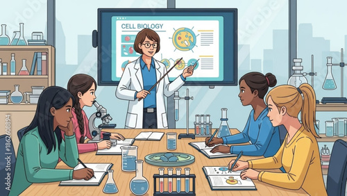 Scientists Discussing Cell Biology in Modern Laboratory Setting