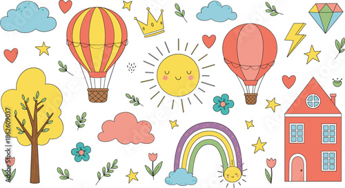 Cute whimsical cartoon vector illustration set with sun rainbow balloons house clouds and playful decorative elements
