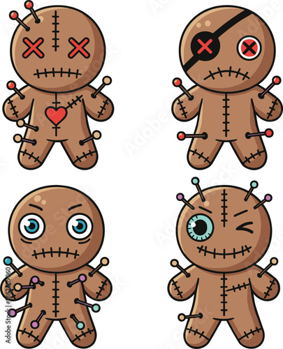 Cute voodoo doll cartoon vector illustration set with pins stitches and spooky character design elements