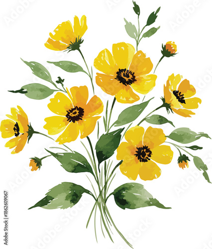Seamless floral pattern illustration featuring a set of yellow pansy bouquets with green leaf ornaments and orange blossom designs for a beautiful spring nature garden decoration