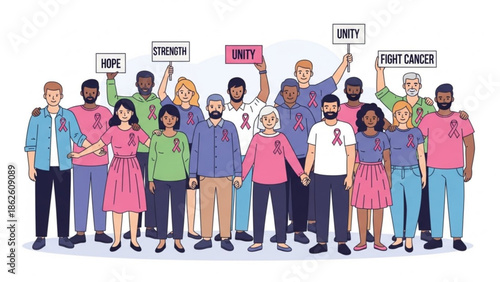 Diverse Group of People Supporting Cancer Awareness with Pink Ribbons and Signs