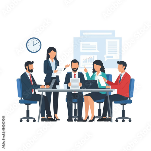 Business team meeting in modern office with laptops and papers