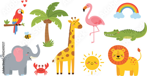 Cute wild animal cartoon vector illustration set with giraffe lion elephant flamingo crocodile and tropical elements