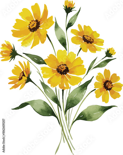 A beautiful bouquet of bright yellow sunflowers and summer blossoms with orange petals is isolated on white to showcase the vibrant floral beauty of a nature garden in bloom