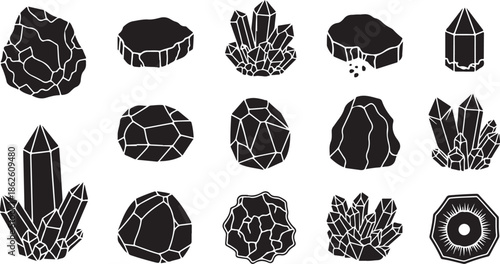 A collection of black and white crystal illustrations