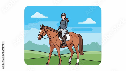 Equestrian rider on horseback in a field.