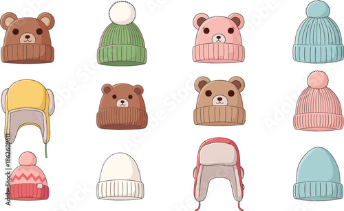 Cute winter hat cartoon vector illustration set with bear faces and cozy knitted headwear