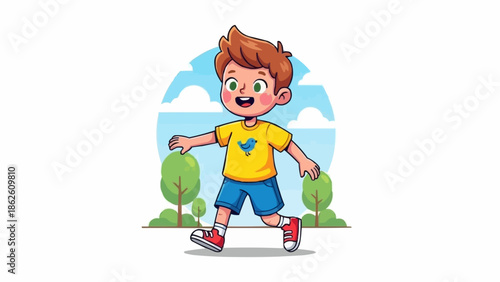 Happy cartoon boy walking outdoors in a park setting.