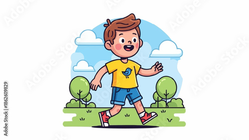 Happy cartoon boy walking outdoors in a park.