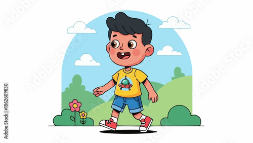 Happy Cartoon Boy Walking Outdoors in a Sunny Park.