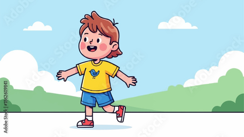 Happy Cartoon Boy Walking Outdoors With Arms Outstretched.