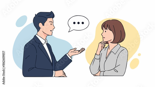 Man and woman in business attire discussing ideas with speech bubble.