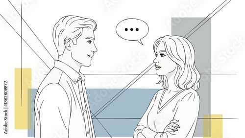 Man and woman talking with speech bubble illustration.