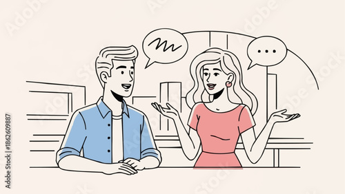 Man and woman talking with speech bubbles illustration.