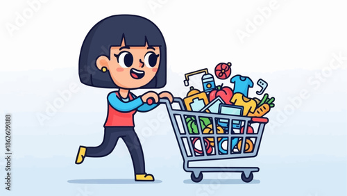 Happy cartoon girl pushing a full shopping cart with groceries and goods.