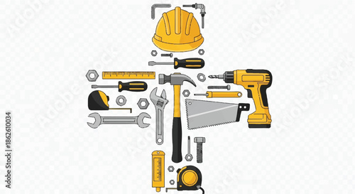 Construction Tools Arrangement in a Cross Shape Including Hammer Drill and Helmet
