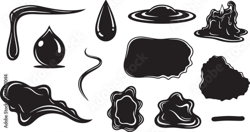 A collection of black ink splatters on a white background