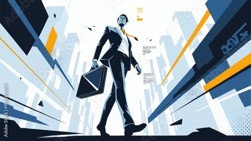 Man in suit walking with briefcase in city street.