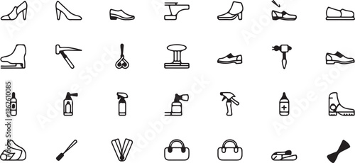 Variety of Footwear and Cobbler Tools Icons in Black Outline shoe boot