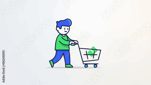 Man Pushing Shopping Cart Full of Green Money.