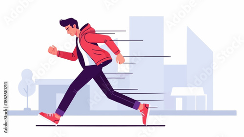 Man running fast in urban environment with motion lines.