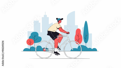 Man riding bicycle in city park with modern buildings in background.