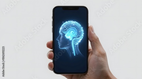 A hand holding a smartphone displaying a digital illustration of a human head in profile with a glowing brain against a dark background