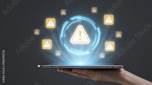 Hand holding tablet with alert symbols surrounding a central warning sign