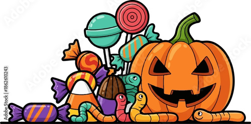 A cheerful Halloween illustration featuring a jack-o'-lantern, various candies, candy corn, and gummy worms