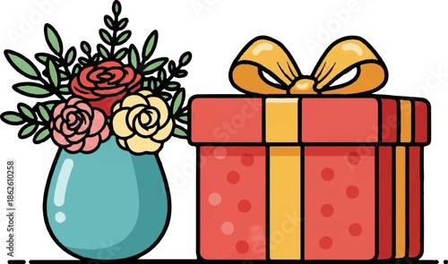 A cheerful illustration featuring a blue vase with colorful flowers next to a red gift box with a yellow bow