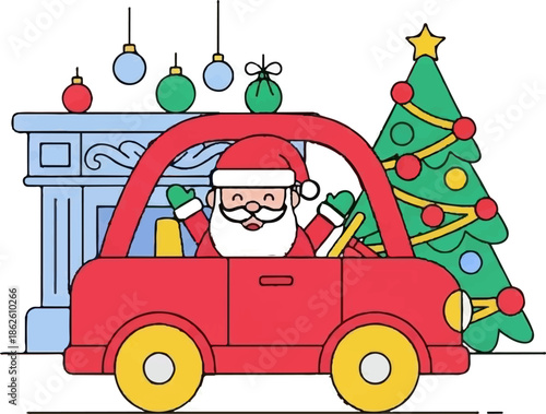 A cheerful Santa Claus drives a red car with gifts, accompanied by a decorated Christmas tree and fireplace