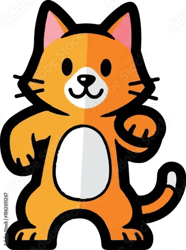 A cheerful orange cartoon cat illustration with distinct black outlines, a white belly, and pink ears