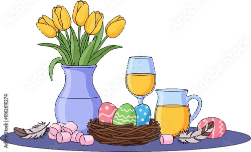 A cheerful illustration of yellow tulips, Easter eggs in a nest, marshmallows, and orange juice