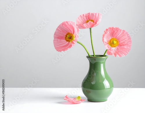 Three pink blooms with yellow centers and green stems sit in a small, green vase on a white surface, against a neutral backdrop