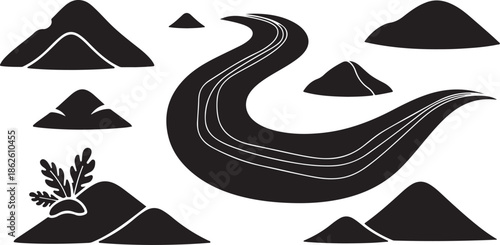 A stylized illustration of a winding road and mountains
