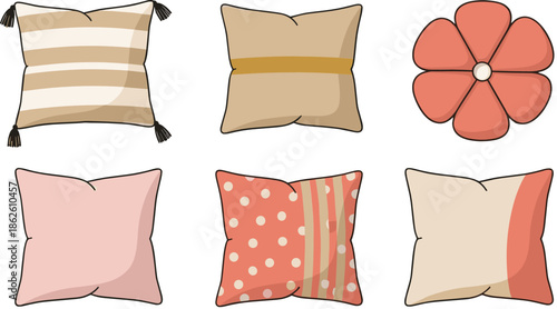 Decorative throw pillow cartoon vector illustration set with cozy cushions in modern pastel home decor style
