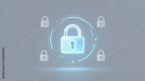 Secure Data Protection System with Central Lock and Surrounding Icons on Gray Background