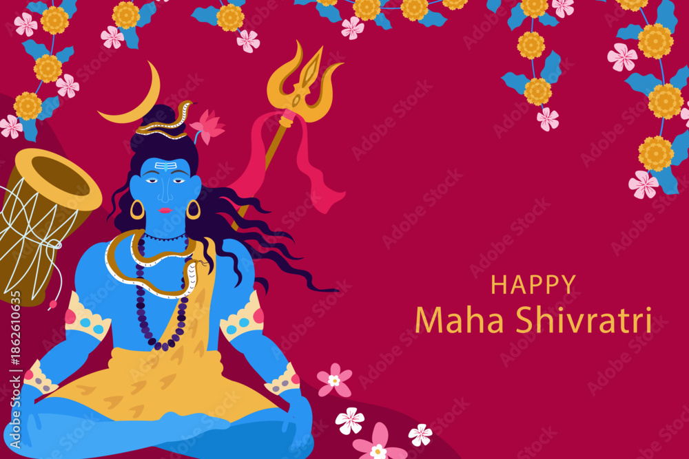 Naklejka premium Happy Maha Shivratri . Colored background of hindu festival with illustration lord Shiva . Vector illustration in flat style 